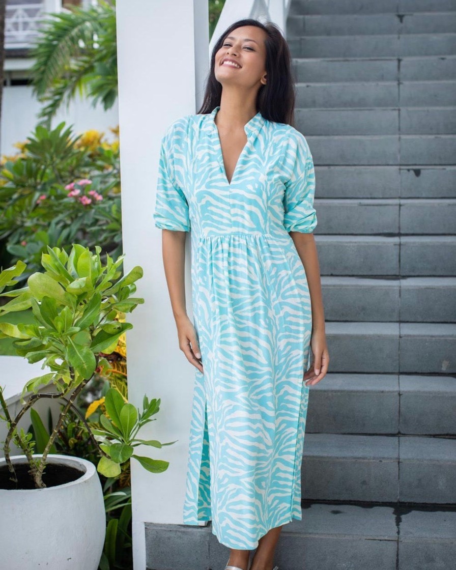 Clothing White Ginger | Sicily Dress Turquoise Zebra