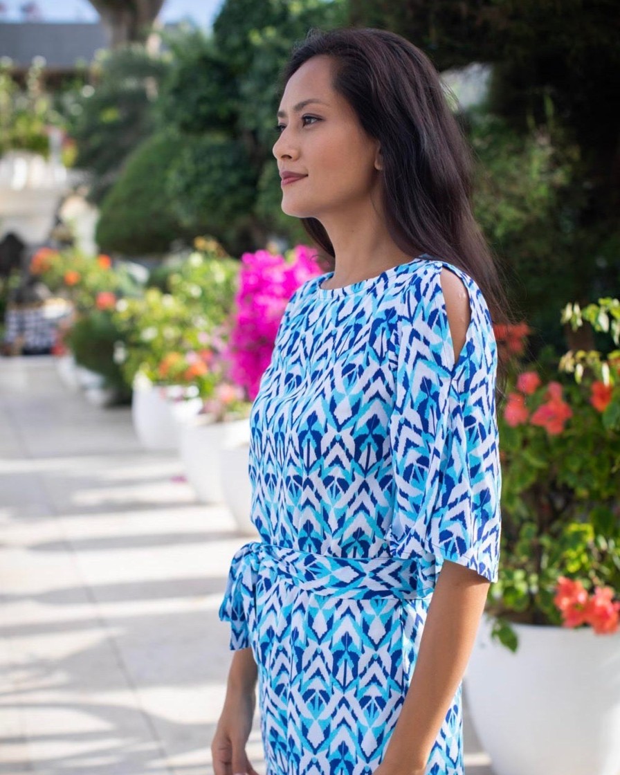 Clothing White Ginger | Lola Dress Aqua Cobalt Ikat