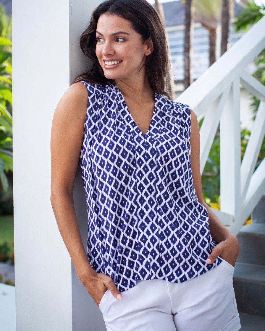 Clothing White Ginger | Solo Top Navy Trellis