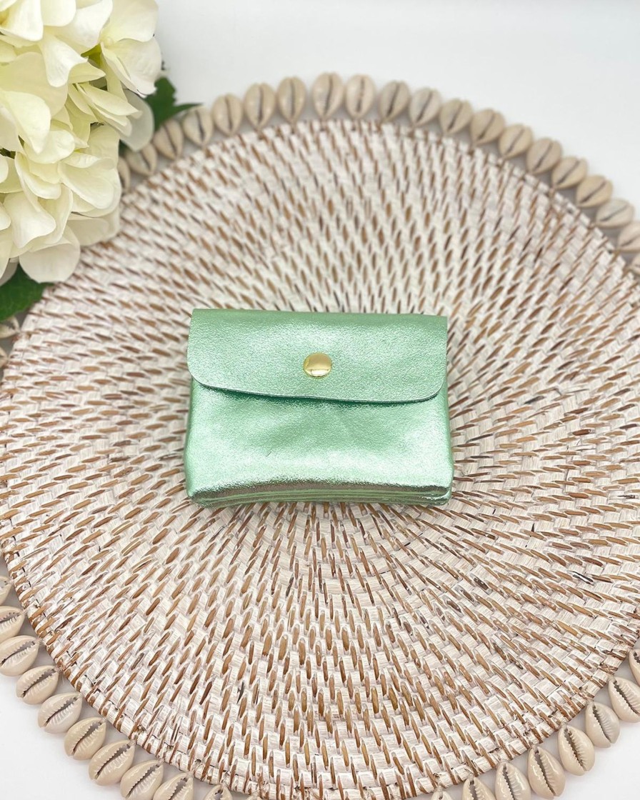 Accessories White Ginger | Green Metallic Leather Coin Purse