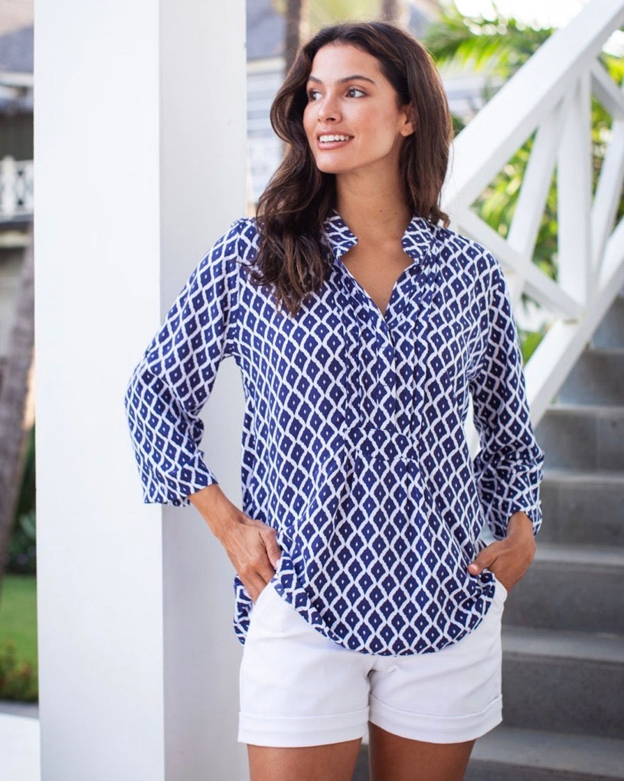 Clothing White Ginger | Carlie Top Navy Trellis