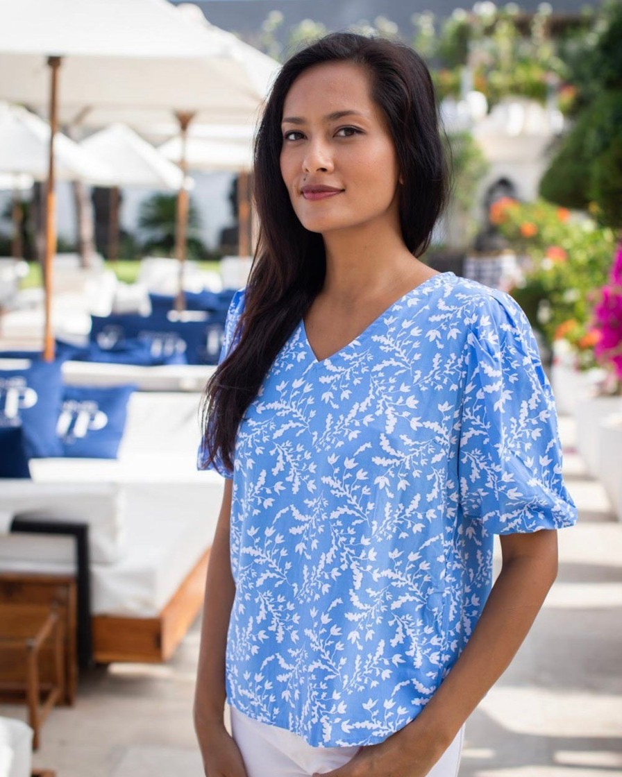 Clothing White Ginger | Frances Top Marina Blue Exotic Fern