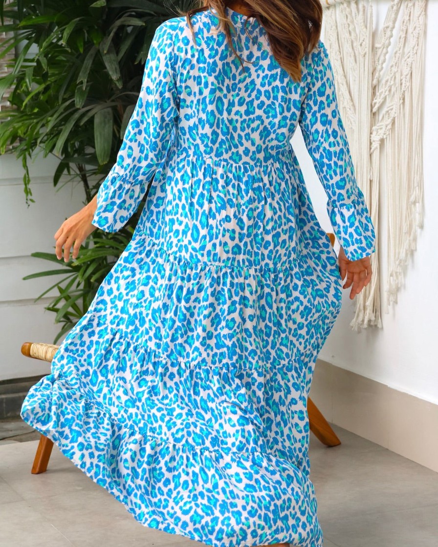 Clothing White Ginger | Anika Dress- Aqua/Blue Leopard Anika-Dress-Aquablue-Leopard