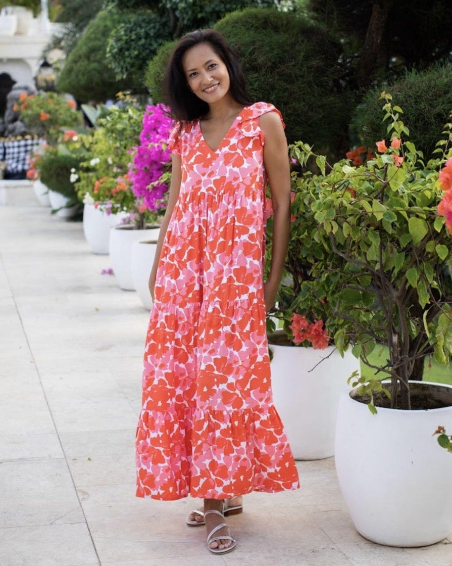 Clothing White Ginger | Astrid Long Dress Coral Poppy