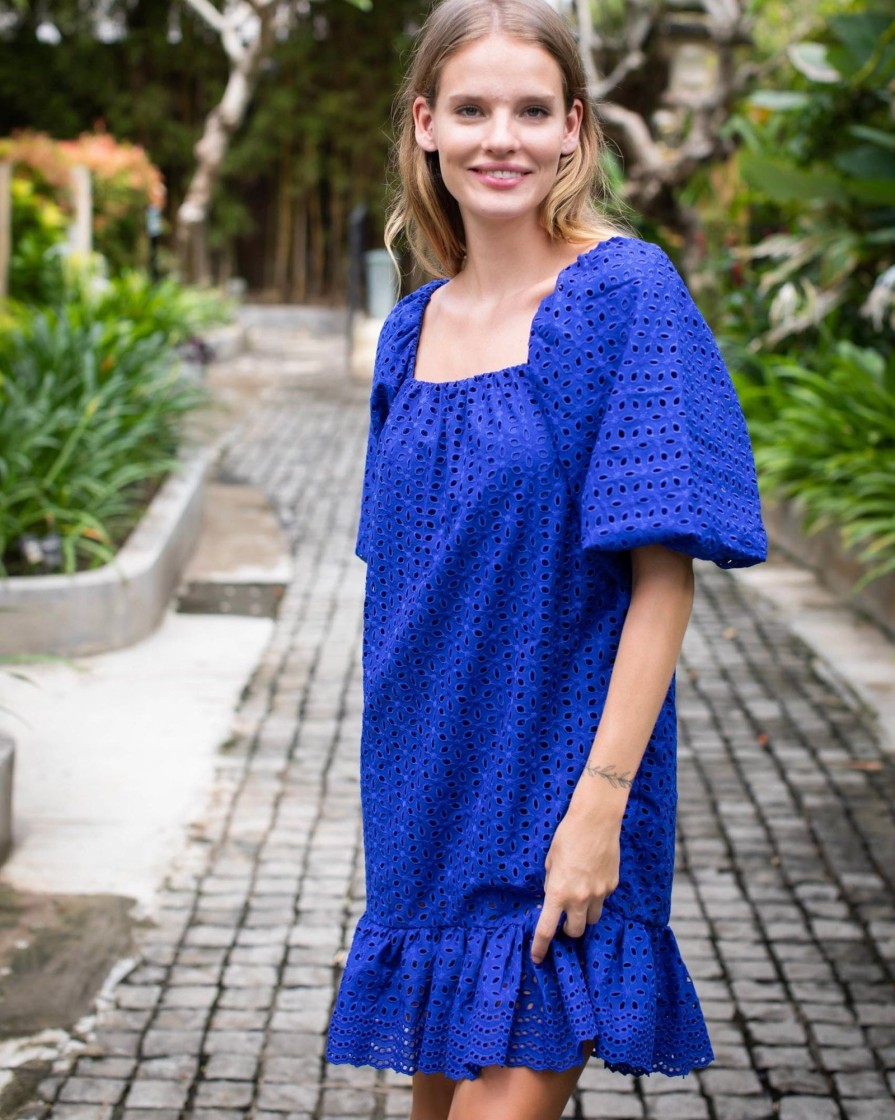 Clothing White Ginger | May Dress Cobalt Broderie