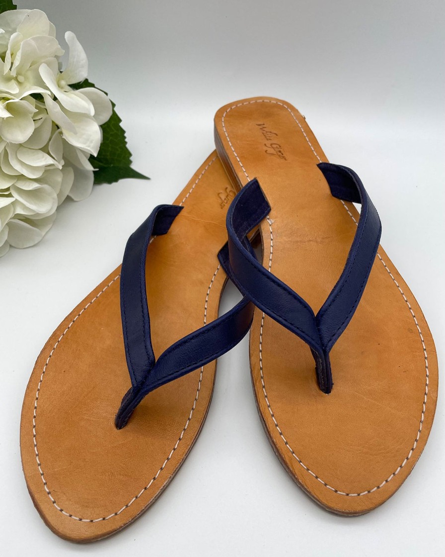 Accessories White Ginger | Leather Flip Flops Navy