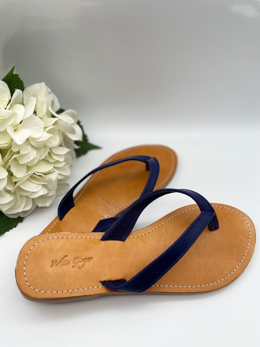 Accessories White Ginger | Leather Flip Flops Navy