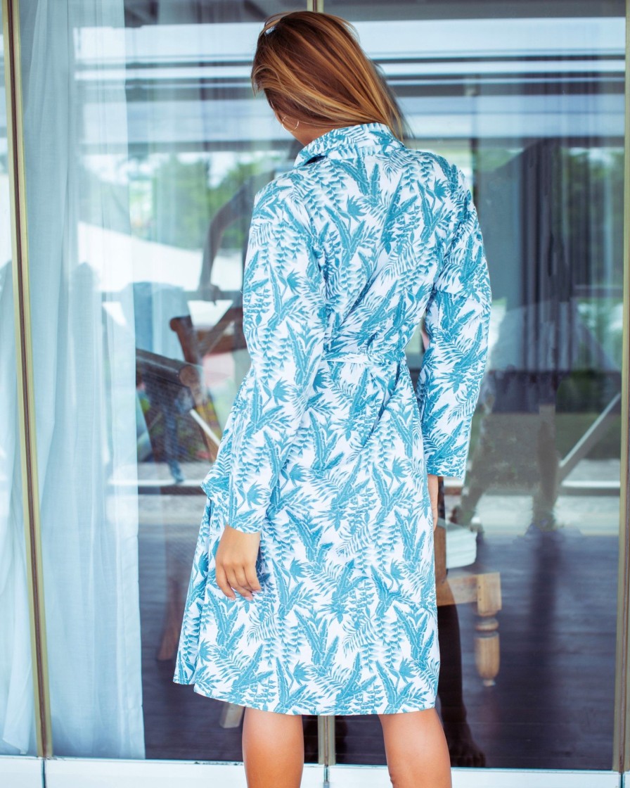 Clothing White Ginger | Cassie Long Robe - Aqua Leaf