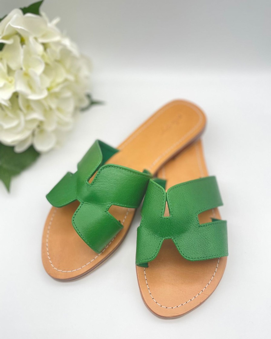 Accessories White Ginger | Leather Sliders Green