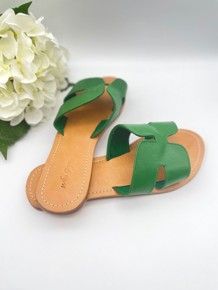 Accessories White Ginger | Leather Sliders Green