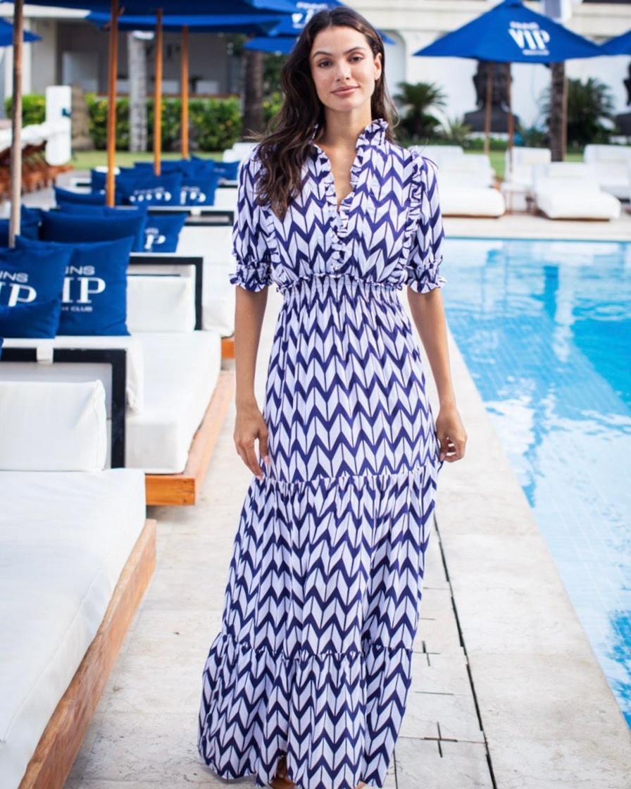 Clothing White Ginger | Jo Dress Navy Chevron