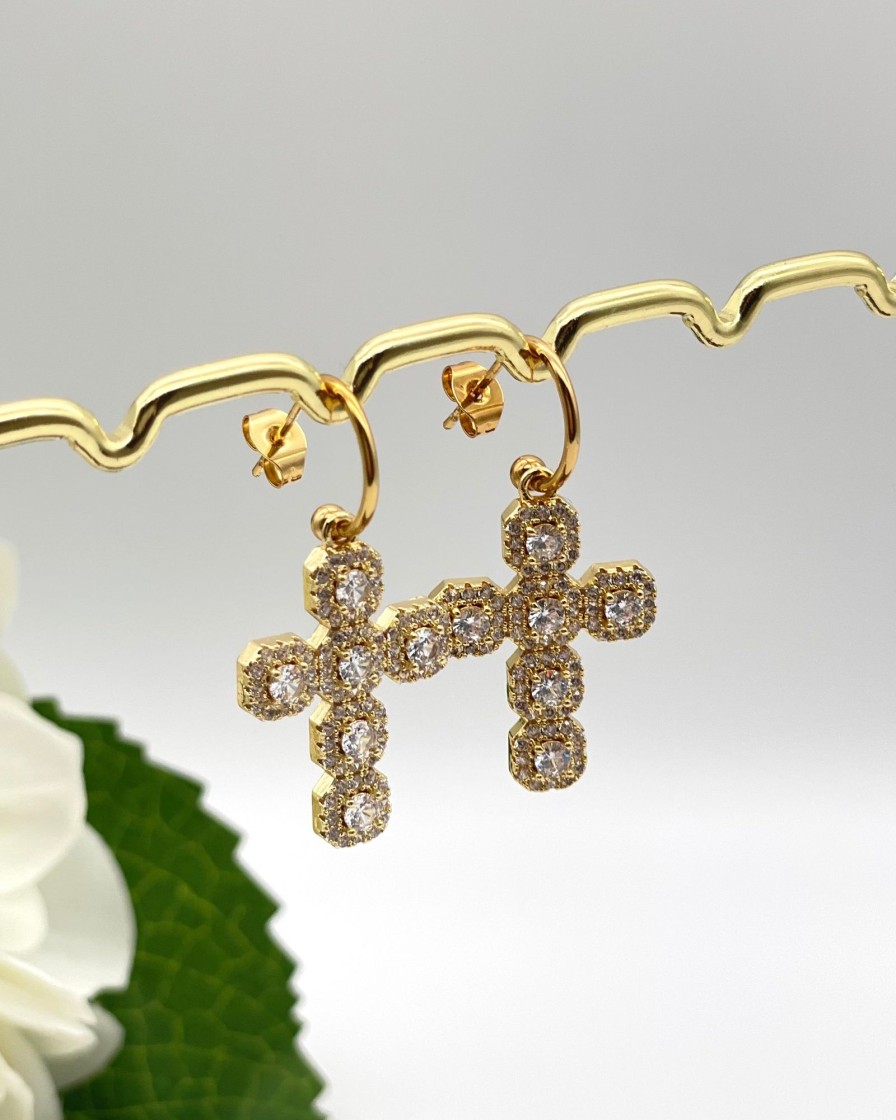 Accessories White Ginger | Madonna - Diamante Cross Earrings