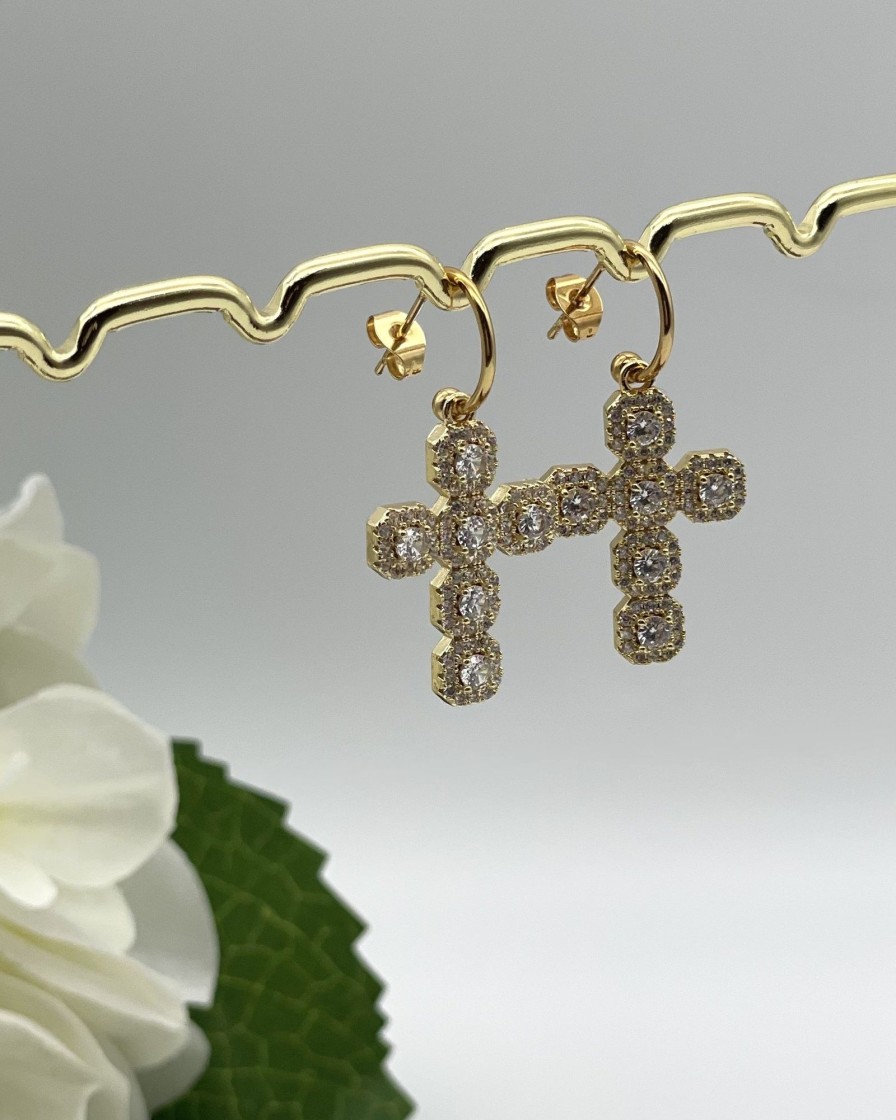 Accessories White Ginger | Madonna - Diamante Cross Earrings