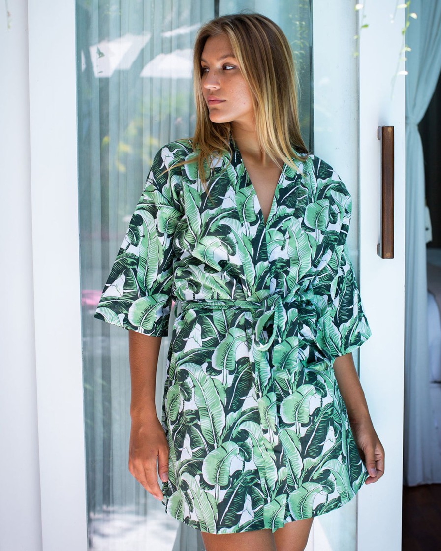 Clothing White Ginger | Christine Robe - Green Leaf