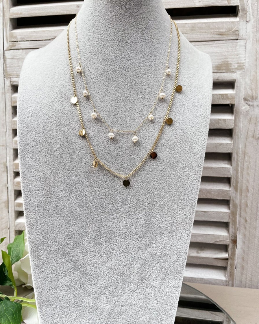 Accessories White Ginger | Sylvie - Two Tier Pearl And Disc Necklace